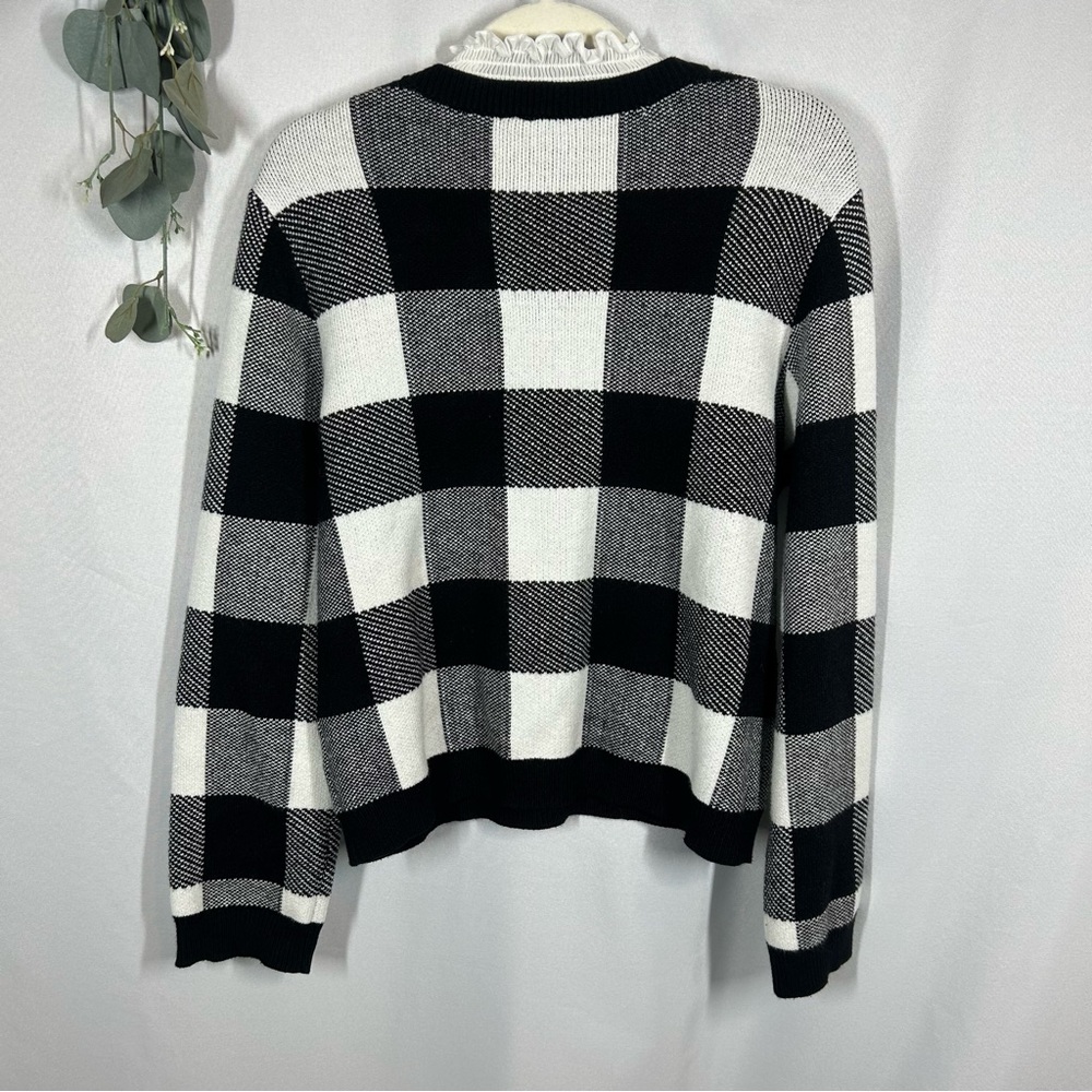 Anthropologie | Plaid Ruffle Collar Pullover Sweater Black White Women’s Size L - Picture 9 of 14
